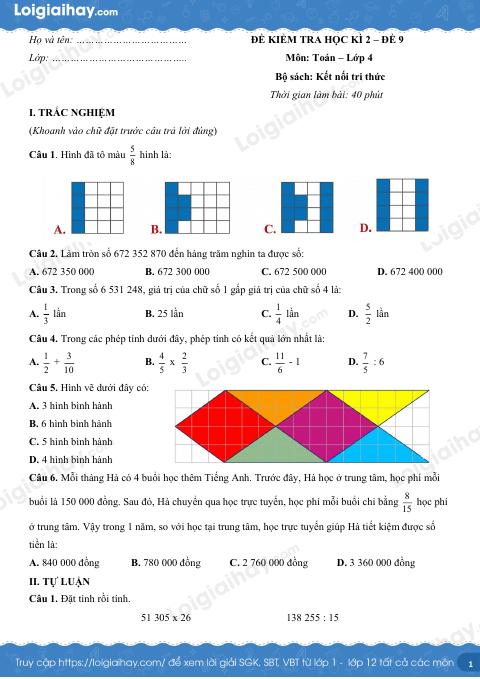 Đề kiểm tra học kì 2 Toán 4 Cánh diều - Đề số 9